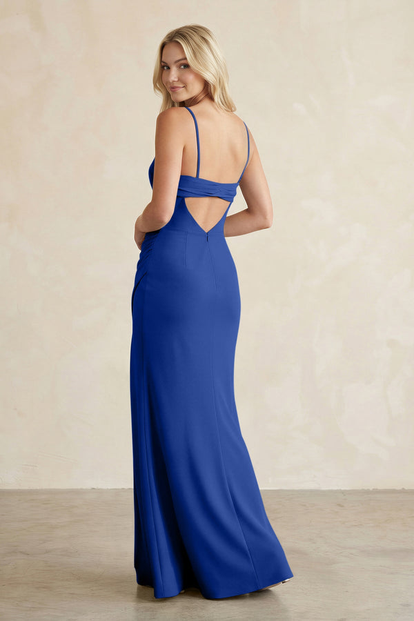 Cami Strap Chiffon Sheath Bridesmaid Dress with Slit in Royal Blue - KissProm BRIDESMAID DRESSES