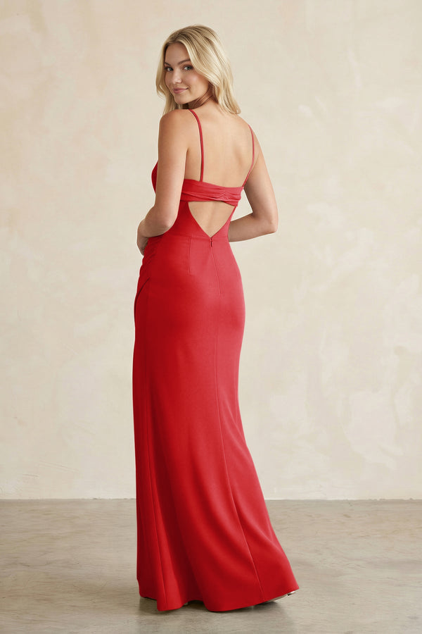 Cami Strap Chiffon Sheath Bridesmaid Dress with Slit in Ruby Red - KissProm BRIDESMAID DRESSES