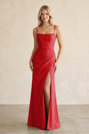 Cami Strap Chiffon Sheath Bridesmaid Dress with Slit in Ruby Red - KissProm BRIDESMAID DRESSES
