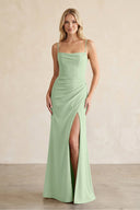 Cami Strap Chiffon Sheath Bridesmaid Dress with Slit in Sage - KissProm BRIDESMAID DRESSES