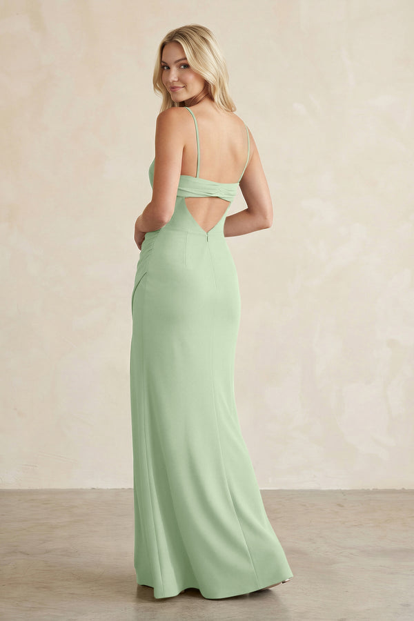 Cami Strap Chiffon Sheath Bridesmaid Dress with Slit in Sage - KissProm BRIDESMAID DRESSES