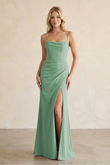 Cami Strap Chiffon Sheath Bridesmaid Dress with Slit in Sea Glass - KissProm Bridesmaid Dresses