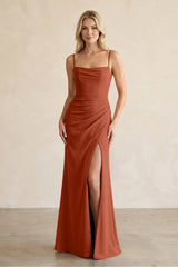 Cami Strap Chiffon Sheath Bridesmaid Dress with Slit in Spice - KissProm BRIDESMAID DRESSES