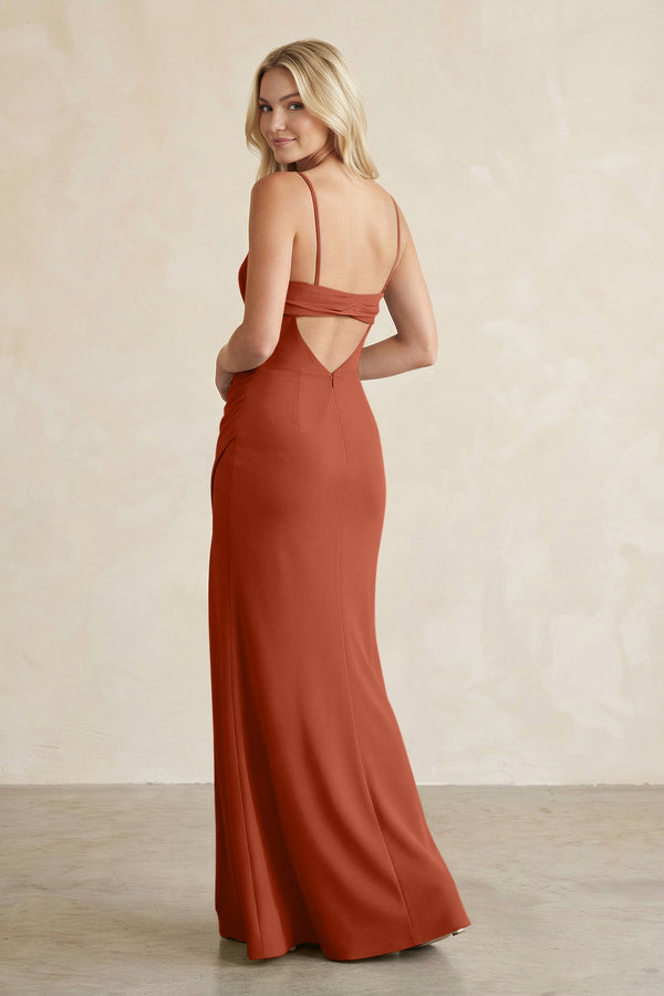 Cami Strap Chiffon Sheath Bridesmaid Dress with Slit in Spice - KissProm BRIDESMAID DRESSES