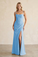 Cami Strap Chiffon Sheath Bridesmaid Dress with Slit in Steel Blue - KissProm BRIDESMAID DRESSES