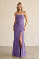 Cami Strap Chiffon Sheath Bridesmaid Dress with Slit in Tahiti - KissProm BRIDESMAID DRESSES
