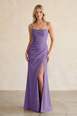 Cami Strap Chiffon Sheath Bridesmaid Dress with Slit in Tahiti - KissProm BRIDESMAID DRESSES