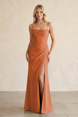 Cami Strap Chiffon Sheath Bridesmaid Dress with Slit in Terracotta - KissProm BRIDESMAID DRESSES