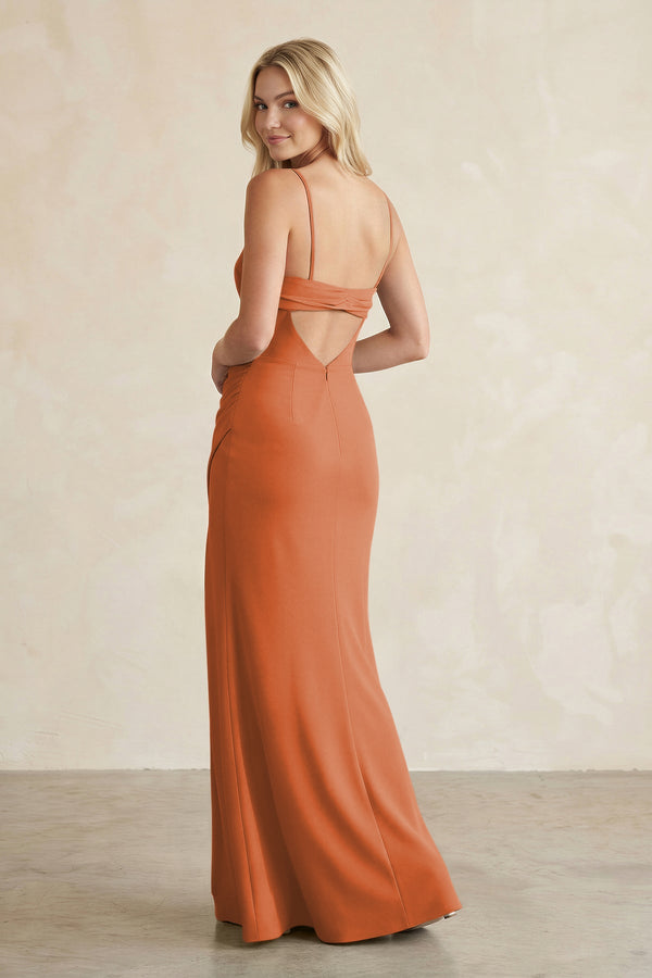 Cami Strap Chiffon Sheath Bridesmaid Dress with Slit in Terracotta - KissProm BRIDESMAID DRESSES