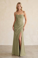 Cami Strap Chiffon Sheath Bridesmaid Dress with Slit in Thyme - KissProm BRIDESMAID DRESSES