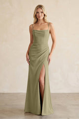 Cami Strap Chiffon Sheath Bridesmaid Dress with Slit in Thyme - KissProm BRIDESMAID DRESSES