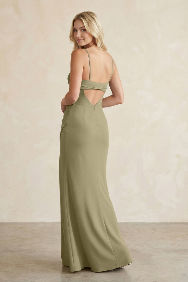 Cami Strap Chiffon Sheath Bridesmaid Dress with Slit in Thyme - KissProm BRIDESMAID DRESSES