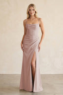 Cami Strap Chiffon Sheath Bridesmaid Dress with Slit in Toffee - KissProm BRIDESMAID DRESSES
