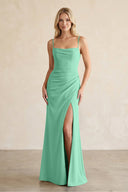 Cami Strap Chiffon Sheath Bridesmaid Dress with Slit in Turquoise - KissProm BRIDESMAID DRESSES