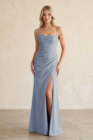 Cami Strap Chiffon Sheath Bridesmaid Dress with Slit in Twilight - KissProm BRIDESMAID DRESSES