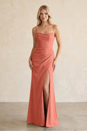 Cami Strap Chiffon Sheath Bridesmaid Dress with Slit in Wild Rose - KissProm BRIDESMAID DRESSES