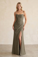 Cami Strap Chiffon Sheath Bridesmaid Dress with Slit in Willow Green - KissProm BRIDESMAID DRESSES