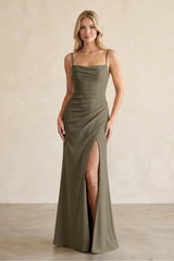 Cami Strap Chiffon Sheath Bridesmaid Dress with Slit in Willow Green - KissProm BRIDESMAID DRESSES