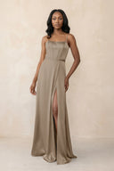 Cami Strap Corset Satin Sheath Bridesmaid Dress in Almond - KissProm Bridesmaid Dresses