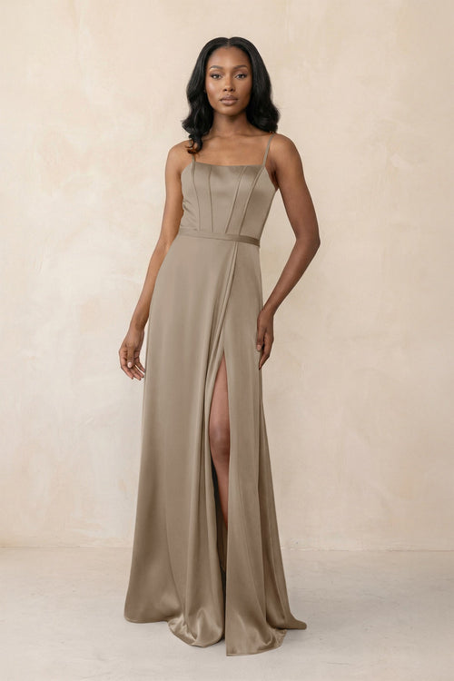 Cami Strap Corset Satin Sheath Bridesmaid Dress in Almond - KissProm Bridesmaid Dresses
