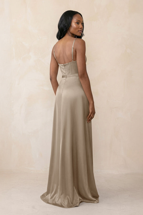 Cami Strap Corset Satin Sheath Bridesmaid Dress in Almond - KissProm Bridesmaid Dresses