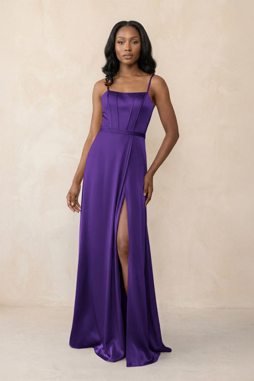 Cami Strap Corset Satin Sheath Bridesmaid Dress in Amethyst - KissProm Bridesmaid Dresses