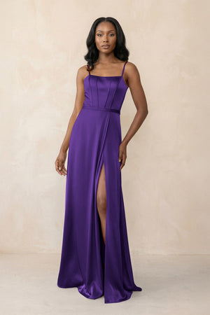 Cami Strap Corset Satin Sheath Bridesmaid Dress in Amethyst - KissProm Bridesmaid Dresses