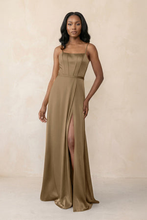 Cami Strap Corset Satin Sheath Bridesmaid Dress in Apple Cinnamon - KissProm Bridesmaid Dresses