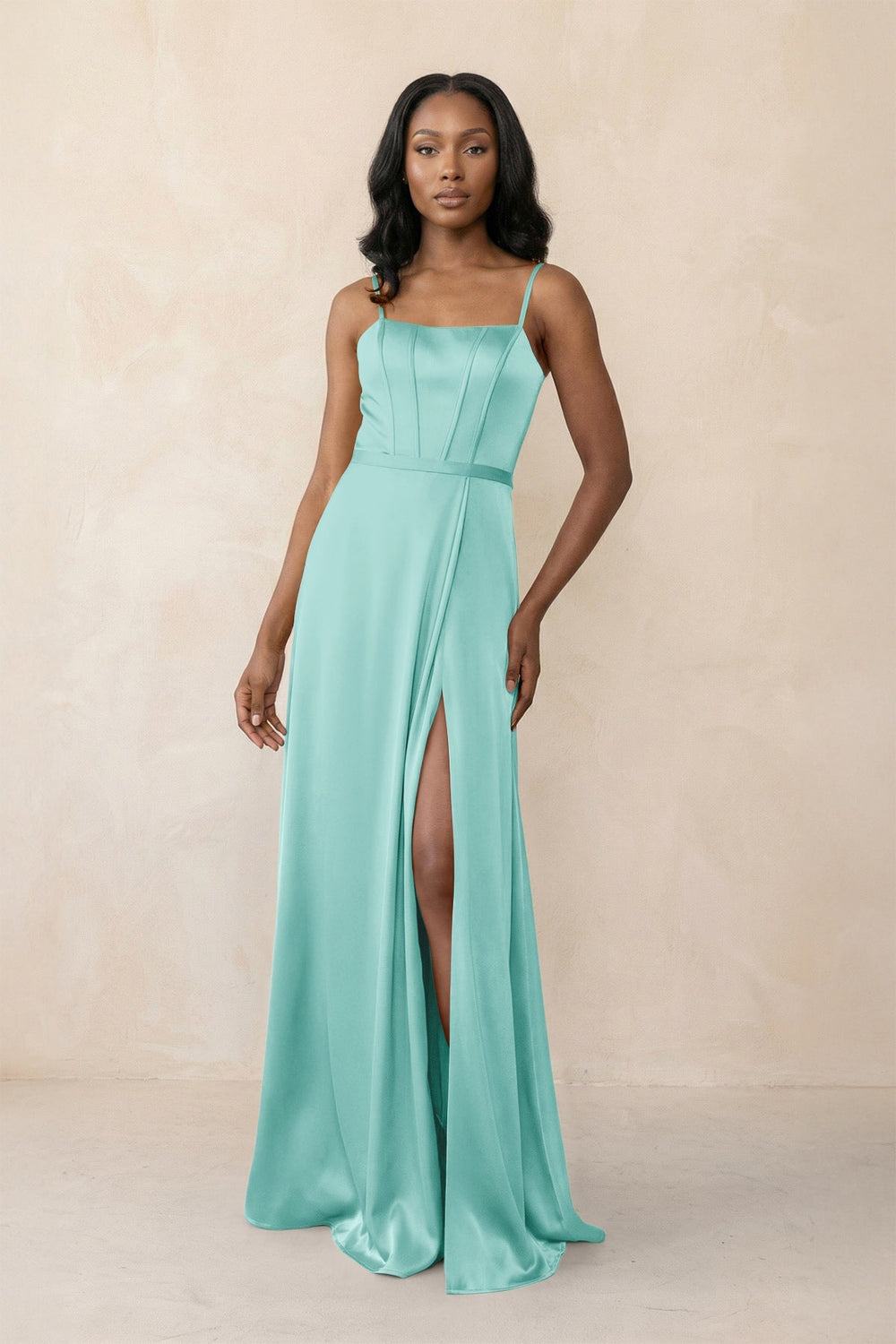 Cami Strap Corset Satin Sheath Bridesmaid Dress in Aqua - KissProm Bridesmaid Dresses