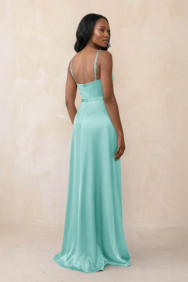 Cami Strap Corset Satin Sheath Bridesmaid Dress in Aqua - KissProm Bridesmaid Dresses