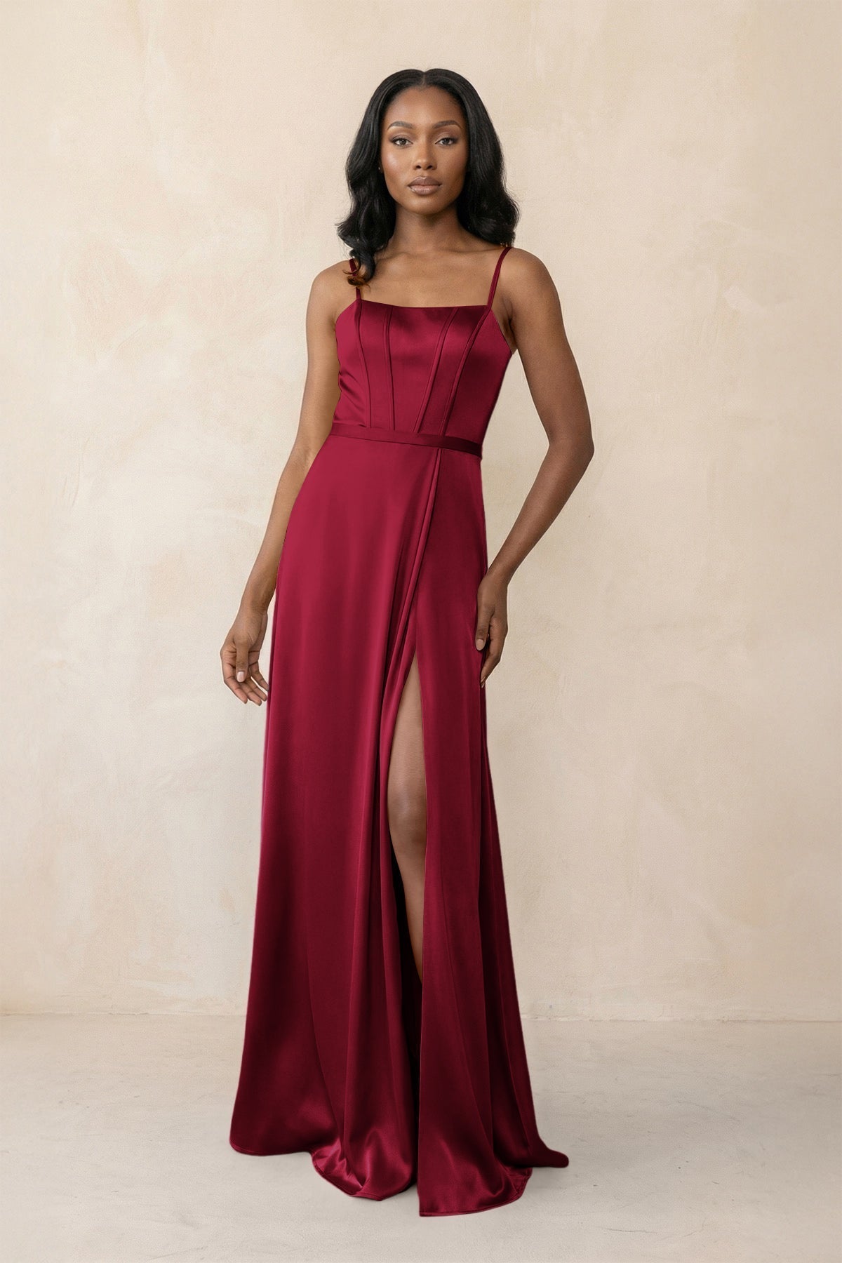 KissProm Cami Strap Corset Satin Sheath Bridesmaid Dress in Berry, Berry / 30