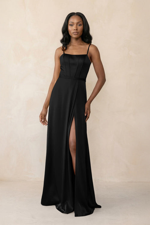 Cami Strap Corset Satin Sheath Bridesmaid Dress in Black - KissProm Bridesmaid Dresses