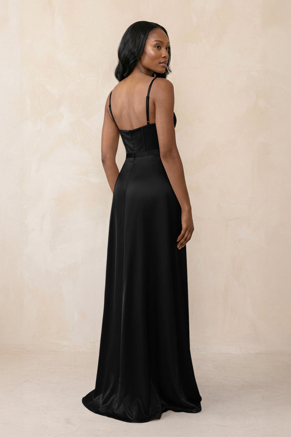 Cami Strap Corset Satin Sheath Bridesmaid Dress in Black - KissProm Bridesmaid Dresses