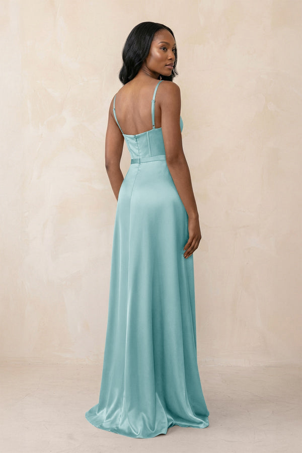 Cami Strap Corset Satin Sheath Bridesmaid Dress in Bleached Aqua - KissProm Bridesmaid Dresses