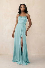 Cami Strap Corset Satin Sheath Bridesmaid Dress in Bleached Aqua - KissProm Bridesmaid Dresses
