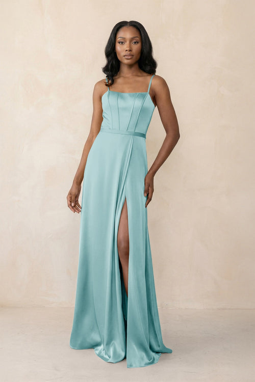 Cami Strap Corset Satin Sheath Bridesmaid Dress in Bleached Aqua - KissProm Bridesmaid Dresses