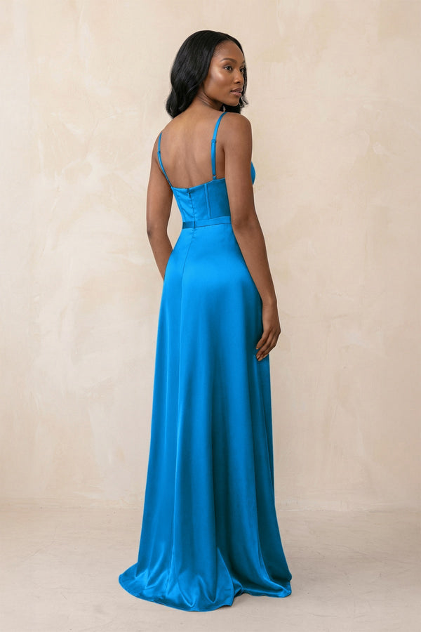Cami Strap Corset Satin Sheath Bridesmaid Dress in Blue Jay - KissProm Bridesmaid Dresses