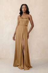 Cami Strap Corset Satin Sheath Bridesmaid Dress in Bronzer - KissProm Bridesmaid Dresses