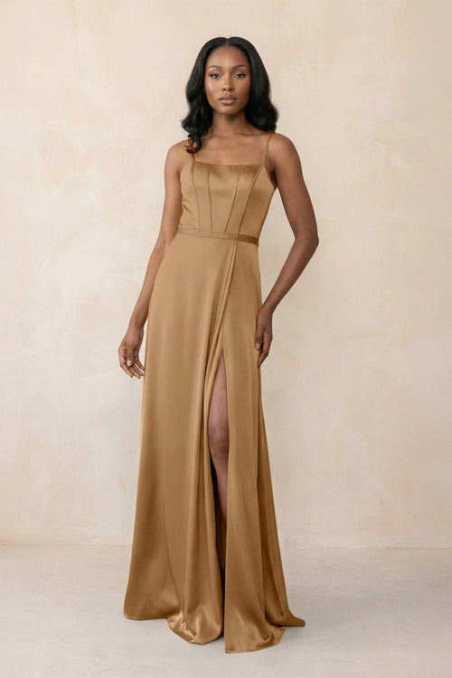 Cami Strap Corset Satin Sheath Bridesmaid Dress in Bronzer - KissProm Bridesmaid Dresses