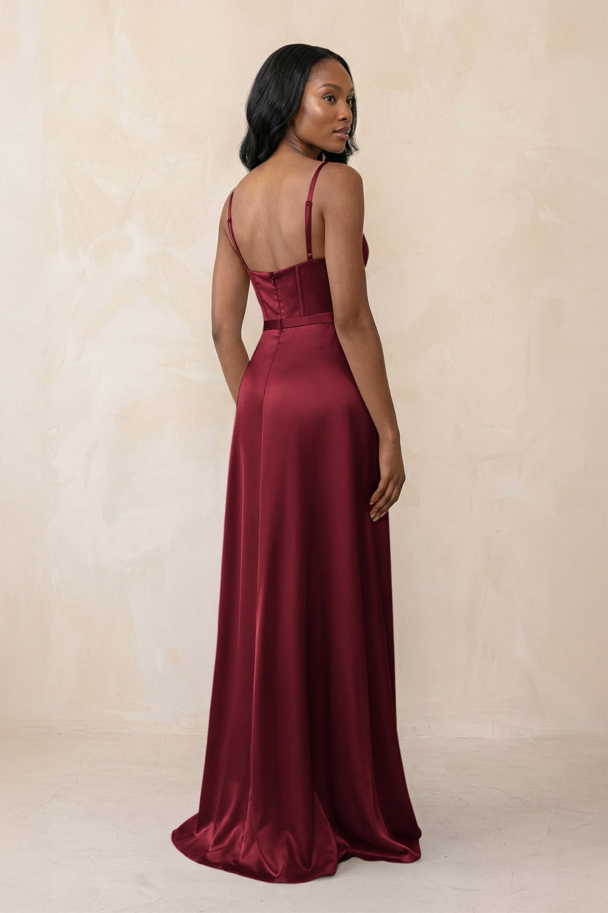 KissProm Cami Strap Corset Satin Sheath Bridesmaid Dress in Burgundy, Burgundy / 10