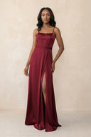 Cami Strap Corset Satin Sheath Bridesmaid Dress in Burgundy - KissProm Bridesmaid Dresses