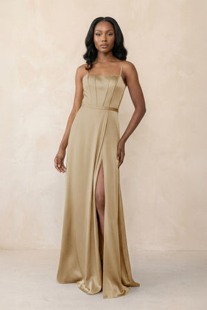 Cami Strap Corset Satin Sheath Bridesmaid Dress in Champagne - KissProm Bridesmaid Dresses