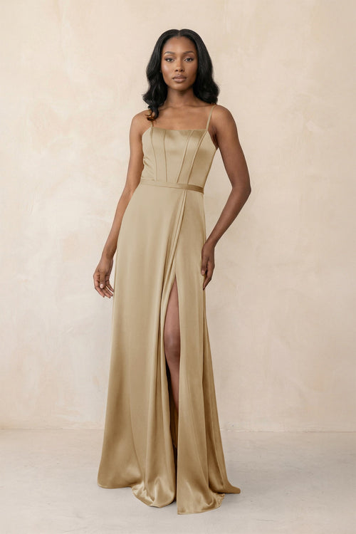 Cami Strap Corset Satin Sheath Bridesmaid Dress in Champagne - KissProm Bridesmaid Dresses