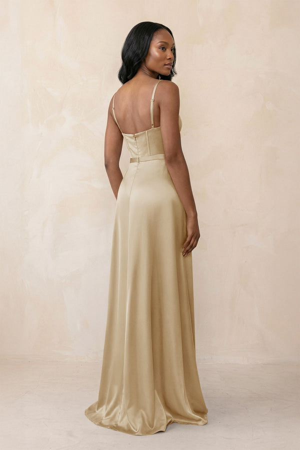 Cami Strap Corset Satin Sheath Bridesmaid Dress in Champagne - KissProm Bridesmaid Dresses