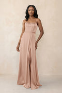 Cami Strap Corset Satin Sheath Bridesmaid Dress in Champagne Rose - KissProm Bridesmaid Dresses