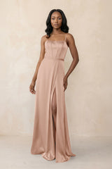 Cami Strap Corset Satin Sheath Bridesmaid Dress in Champagne Rose - KissProm Bridesmaid Dresses
