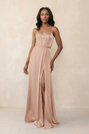 Cami Strap Corset Satin Sheath Bridesmaid Dress in Champagne Rose - KissProm Bridesmaid Dresses