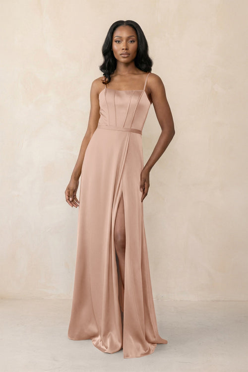Cami Strap Corset Satin Sheath Bridesmaid Dress in Champagne Rose - KissProm Bridesmaid Dresses