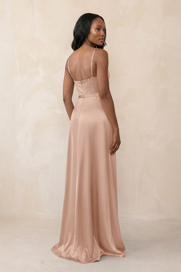 Cami Strap Corset Satin Sheath Bridesmaid Dress in Champagne Rose - KissProm Bridesmaid Dresses