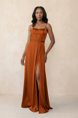 Cami Strap Corset Satin Sheath Bridesmaid Dress in Cinnamon - KissProm Bridesmaid Dresses